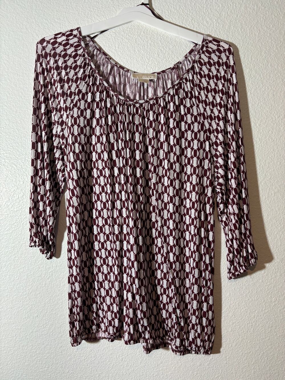 Michael Kors Women's Size 1X Boat Neck Bateau Red White Geometric 3/4 Sleeve Top